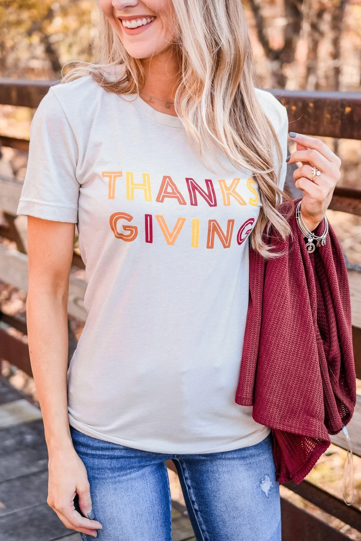 "Thanksgiving" Colorful Print Graphic Tee- Light Taupe