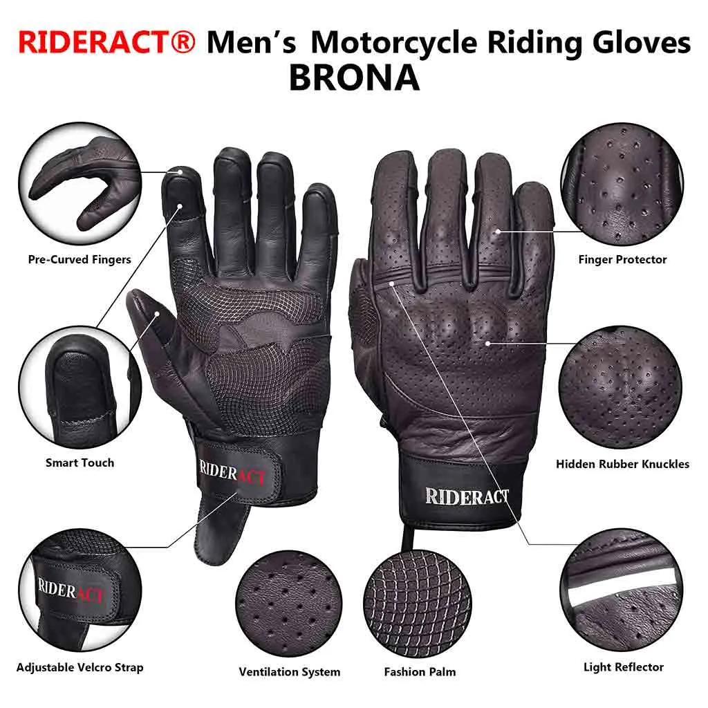 RIDERACT® Men Leather Motorcycle Gloves BRONA Riding Gloves