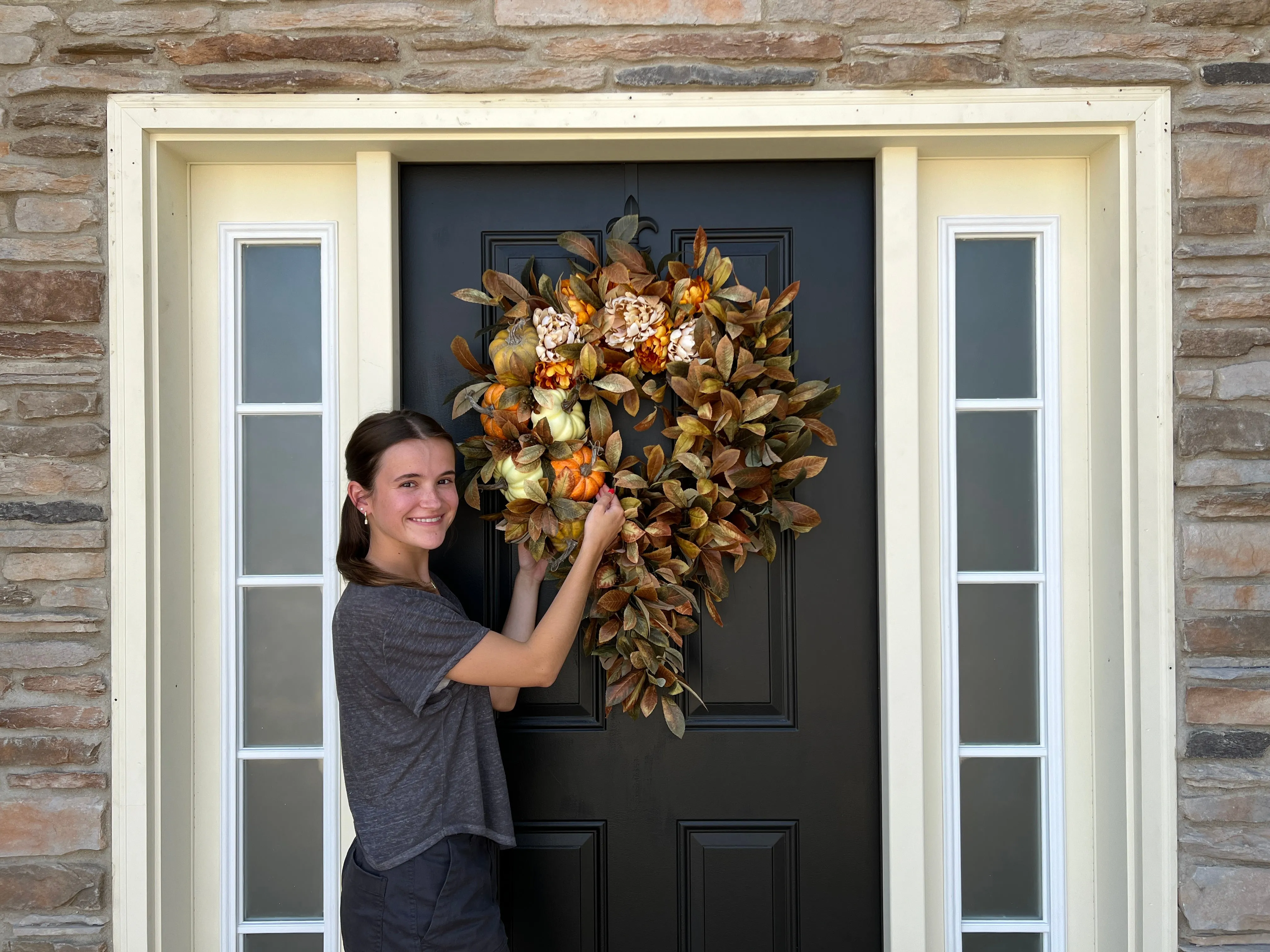 Seasonal Cascading Wreath with Orange, Cream, and Green Pumpkins