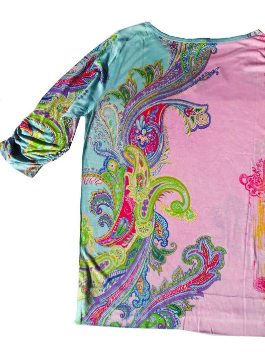 Silk Cotton Long 3/4 Sleeve Tee Pink Paisley