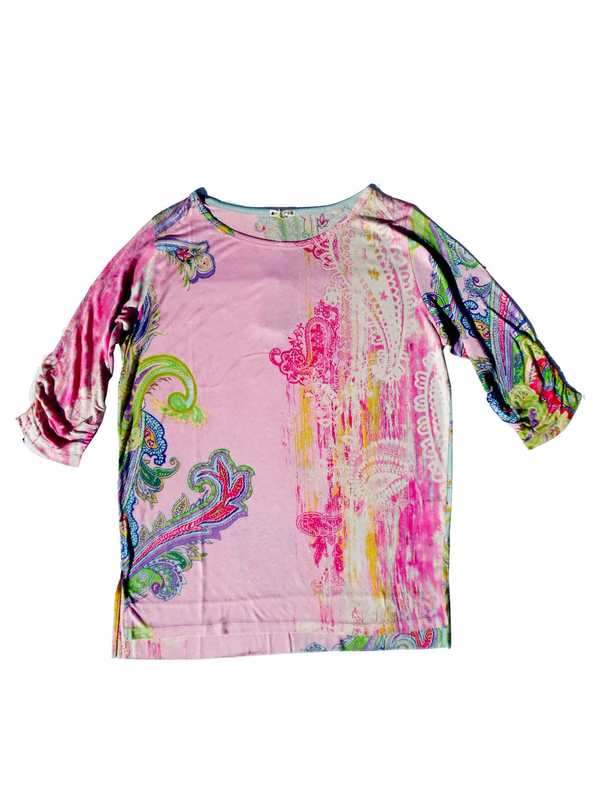 Silk Cotton Long 3/4 Sleeve Tee Pink Paisley