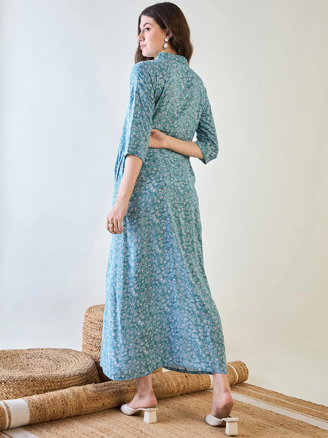 Sky Blue Cute Floral Button Down Night Dress