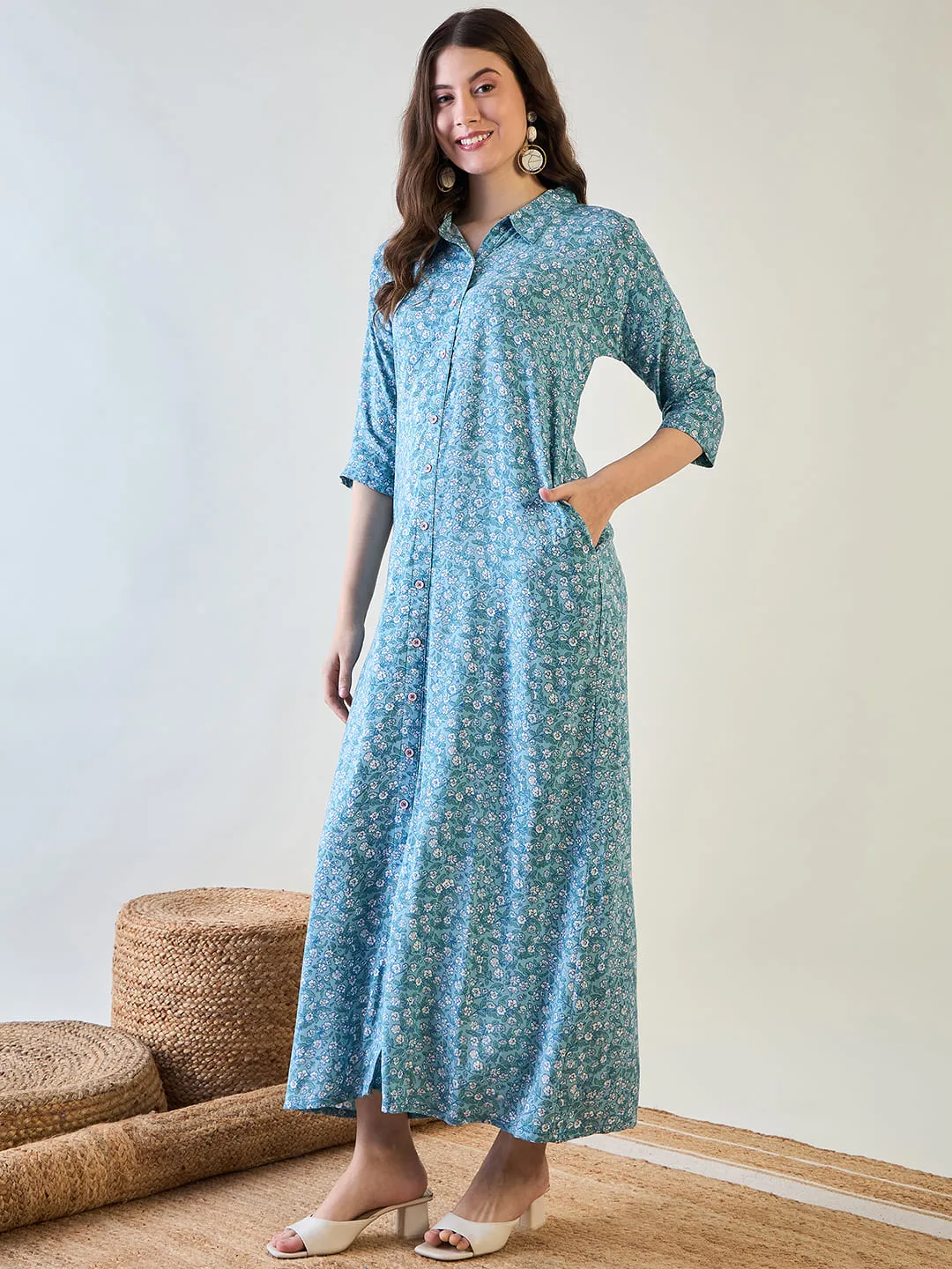 Sky Blue Cute Floral Button Down Night Dress