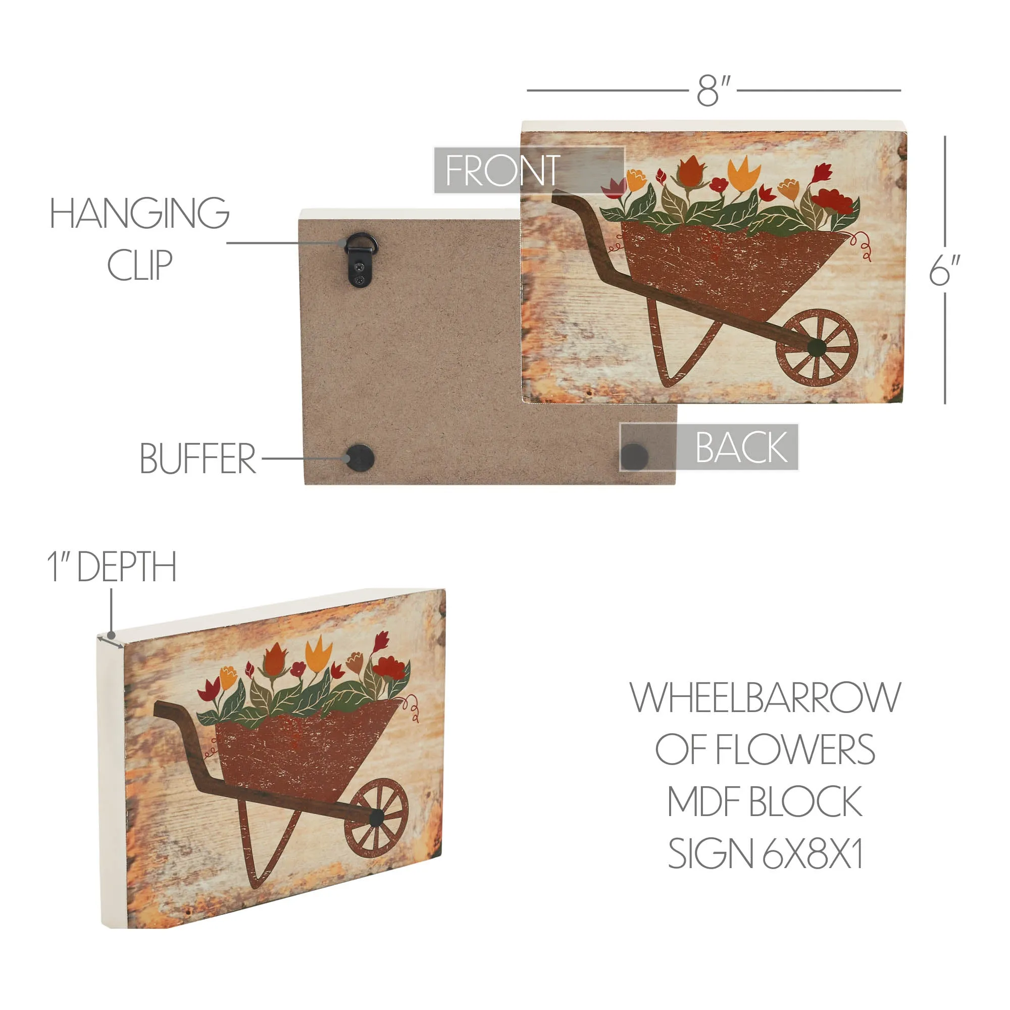 Spring In Bloom Wheelbarrow Of Flowers MDF Block Sign 6x8x1