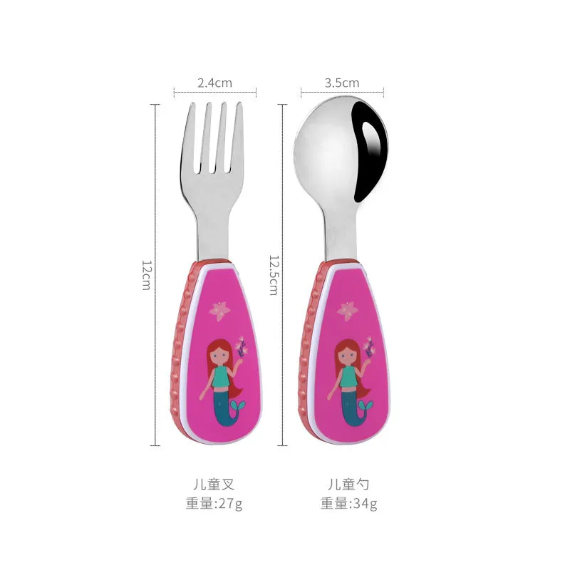 Stainless Steel Children's Small Spoon Cartoon Pattern Baby Feeding Spoon Fork Portable