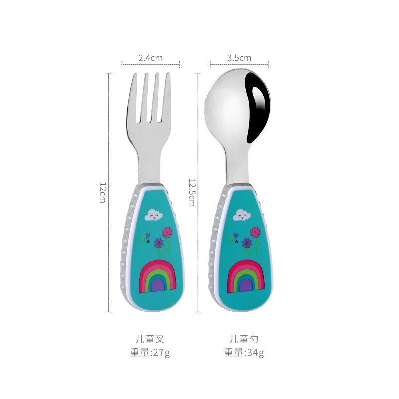 Stainless Steel Children's Small Spoon Cartoon Pattern Baby Feeding Spoon Fork Portable