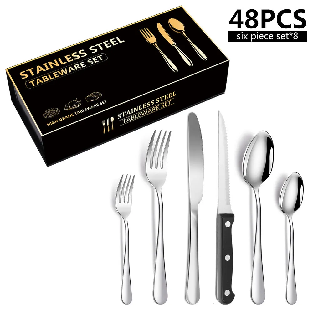 Stainless Steel Tableware 6 Components Steak Knife and Fork Spoon 8 People 48 Pieces Set Gift Set