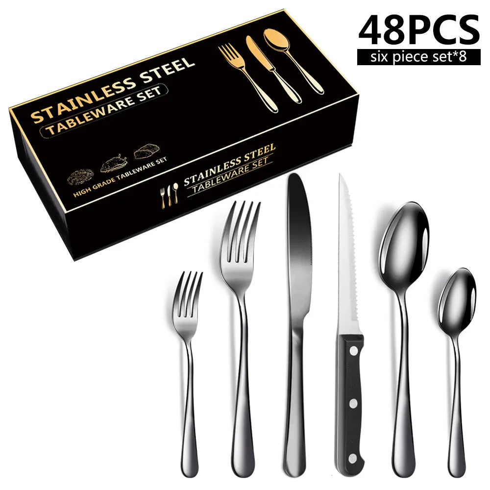 Stainless Steel Tableware 6 Components Steak Knife and Fork Spoon 8 People 48 Pieces Set Gift Set