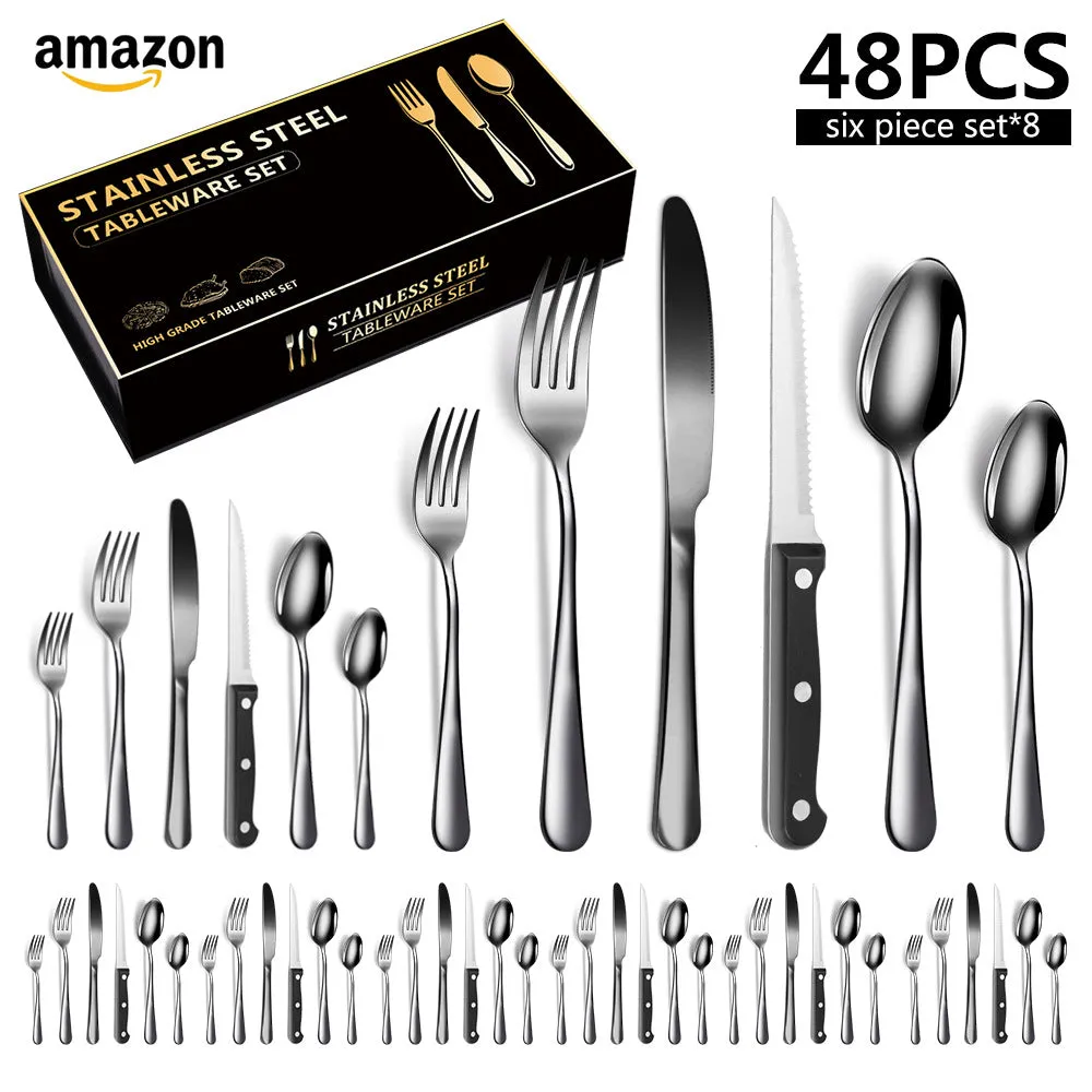 Stainless Steel Tableware 6 Components Steak Knife and Fork Spoon 8 People 48 Pieces Set Gift Set