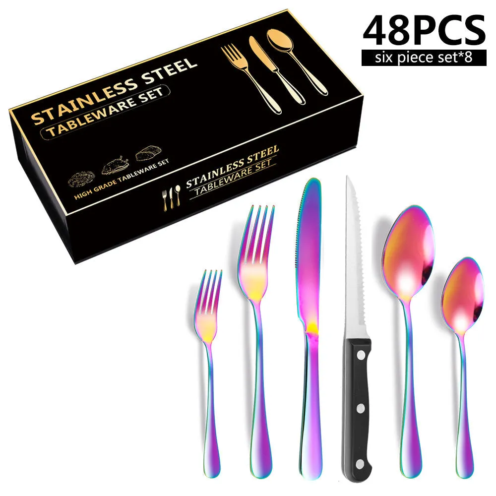 Stainless Steel Tableware 6 Components Steak Knife and Fork Spoon 8 People 48 Pieces Set Gift Set