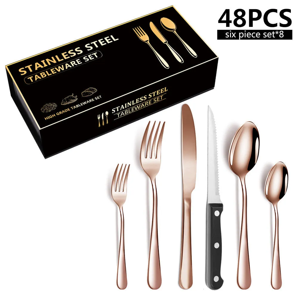 Stainless Steel Tableware 6 Components Steak Knife and Fork Spoon 8 People 48 Pieces Set Gift Set