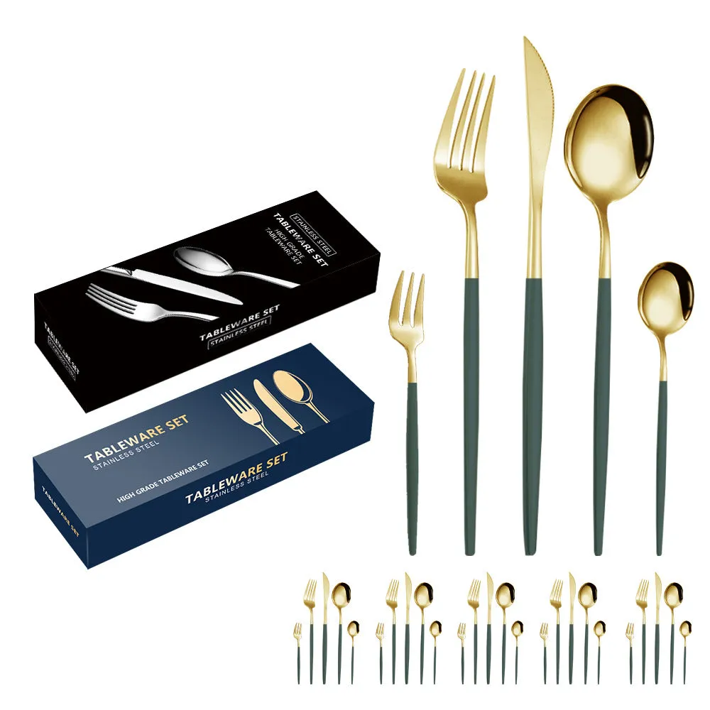 Stainless Steel Tableware Set Portuguese Steak Knife, Fork and Spoon 5 Components 30-Piece Set Color Box Packaging