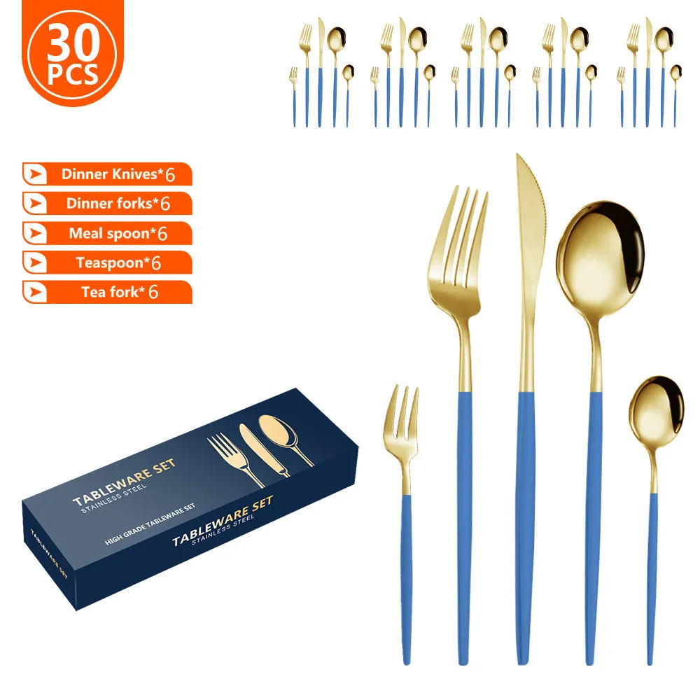 Stainless Steel Tableware Set Portuguese Steak Knife, Fork and Spoon 5 Components 30-Piece Set Color Box Packaging