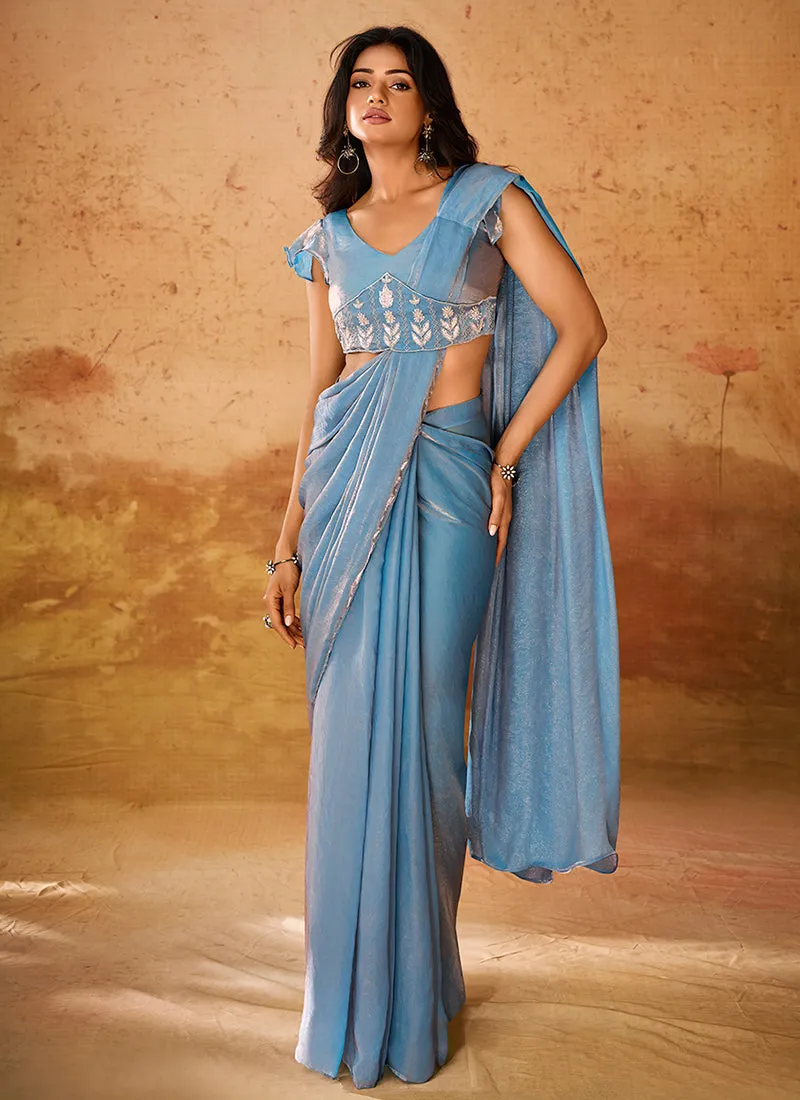 Steel Blue Handwork Organza Saree