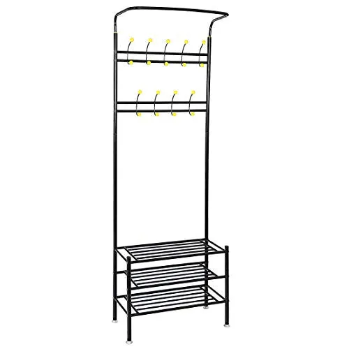 SUPER DEAL 3N1 Metal Hall Tree 18 Hooks Entryway Coat Clothes Racks   3-Tier Shoe Rack Bench   Hat Scarf Bag Rack   Umbrella Stands Storage Shelf All in One