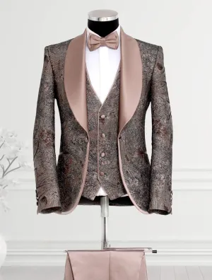 Tan Floral Velvet Shawl Lapel Elegant Men Tuxedo