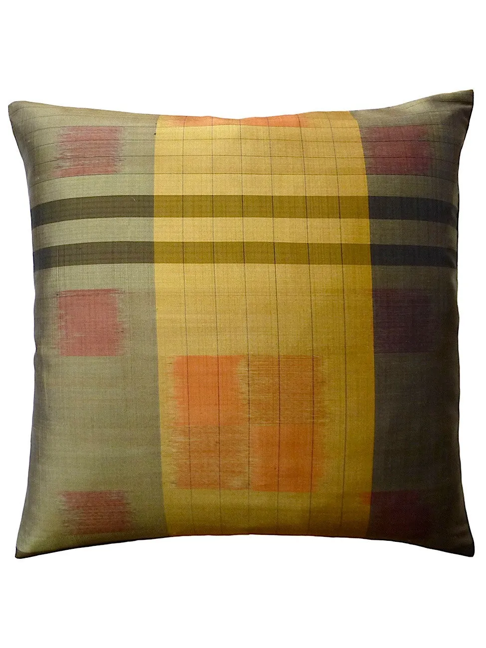 Thai Silk Modern Ikat Pillow Mustard Sage Green Modern Tartan