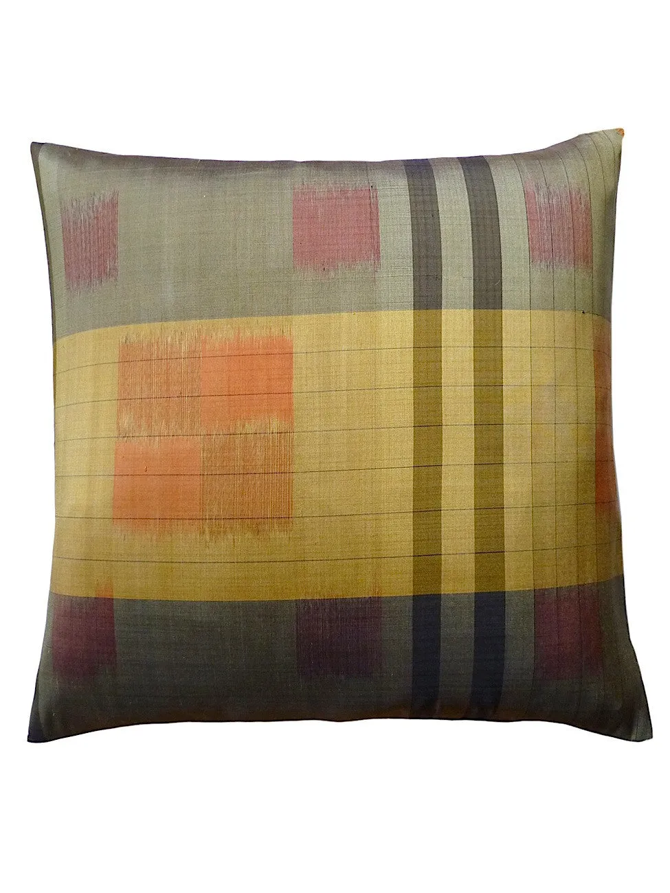 Thai Silk Modern Ikat Pillow Mustard Sage Green Modern Tartan