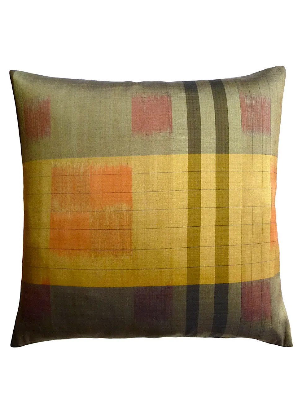 Thai Silk Modern Ikat Pillow Mustard Sage Green Modern Tartan