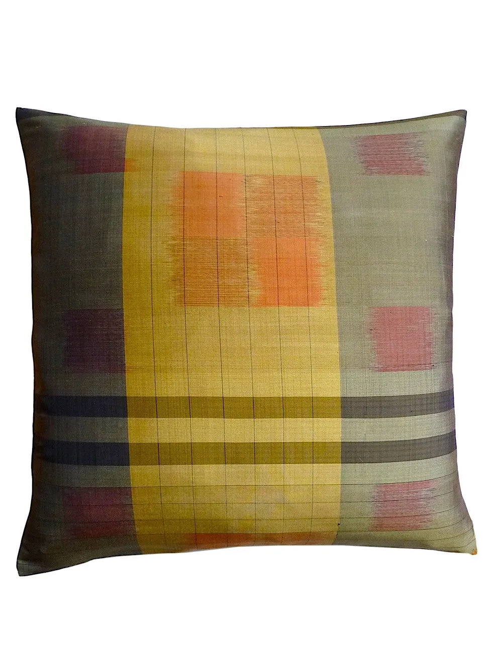 Thai Silk Modern Ikat Pillow Mustard Sage Green Modern Tartan