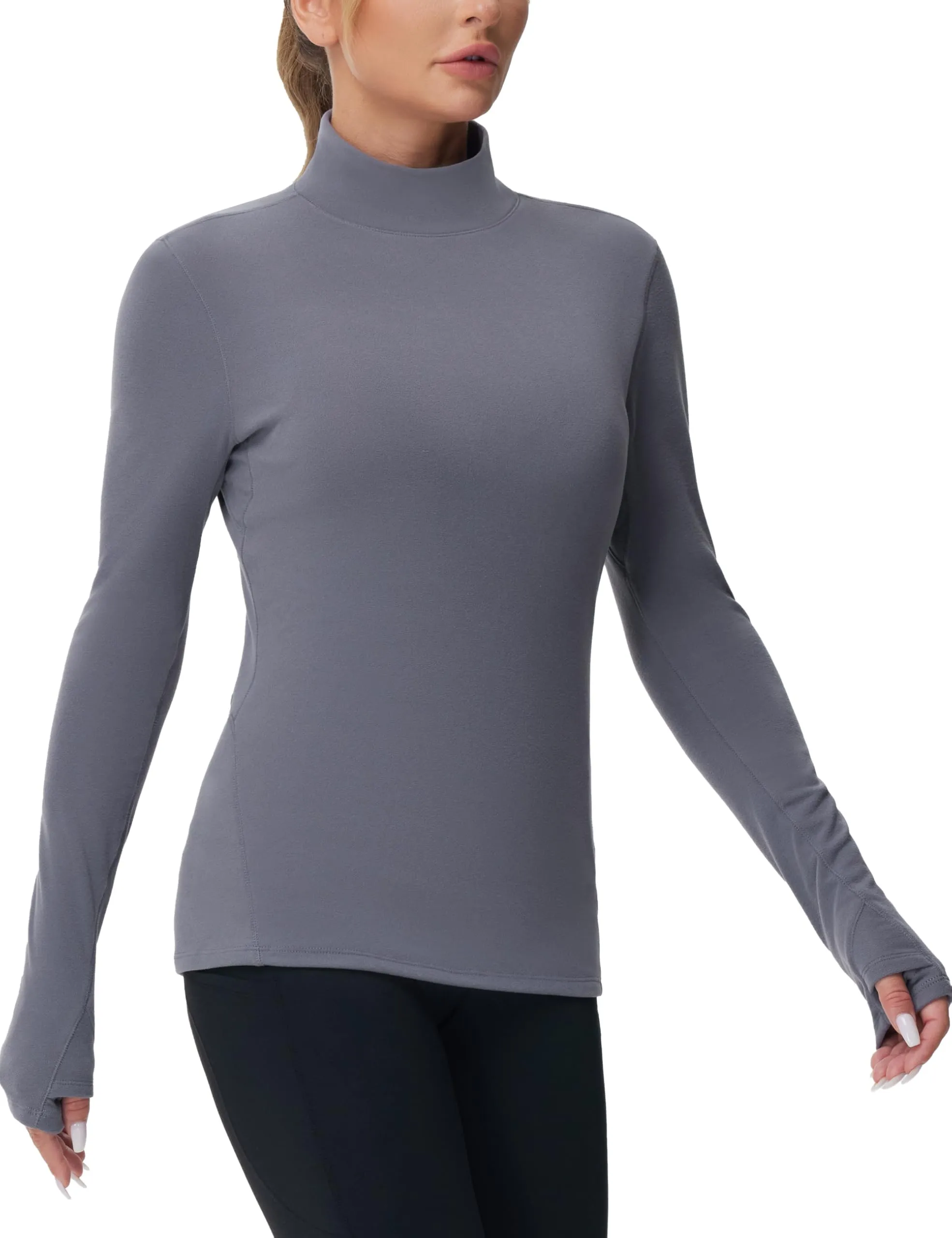 THE GYM PEOPLE Women's Mock Turtleneck Long Sleeve Shirts Fleece Thermal Underwear Pullover Tops with Thumb Hole Grey