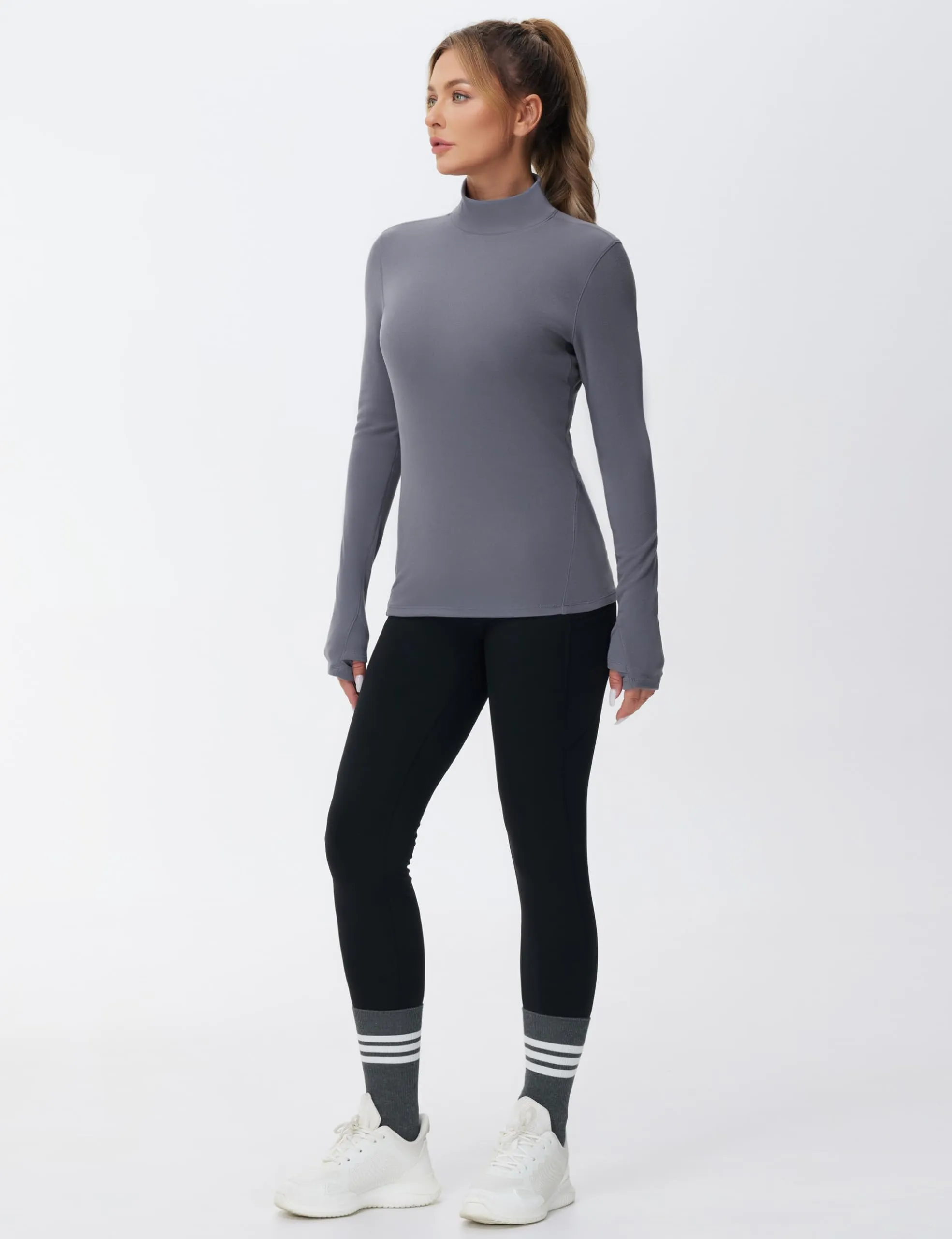 THE GYM PEOPLE Women's Mock Turtleneck Long Sleeve Shirts Fleece Thermal Underwear Pullover Tops with Thumb Hole Grey