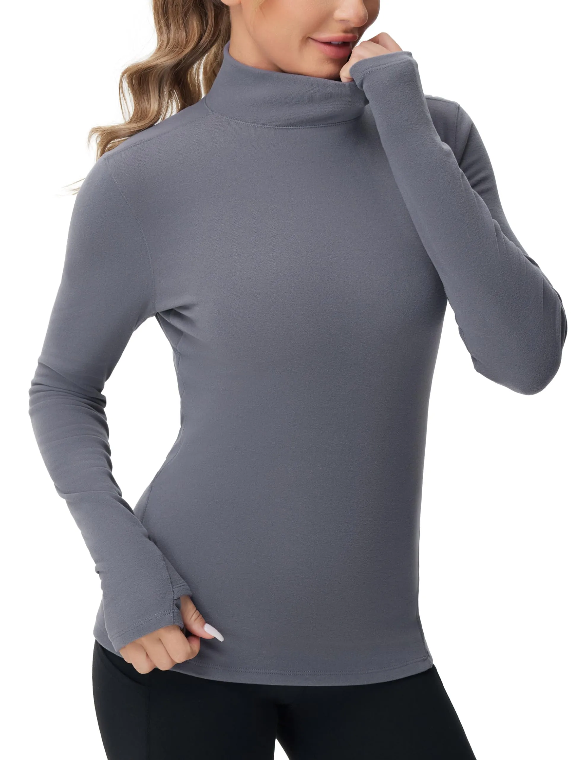 THE GYM PEOPLE Women's Mock Turtleneck Long Sleeve Shirts Fleece Thermal Underwear Pullover Tops with Thumb Hole Grey