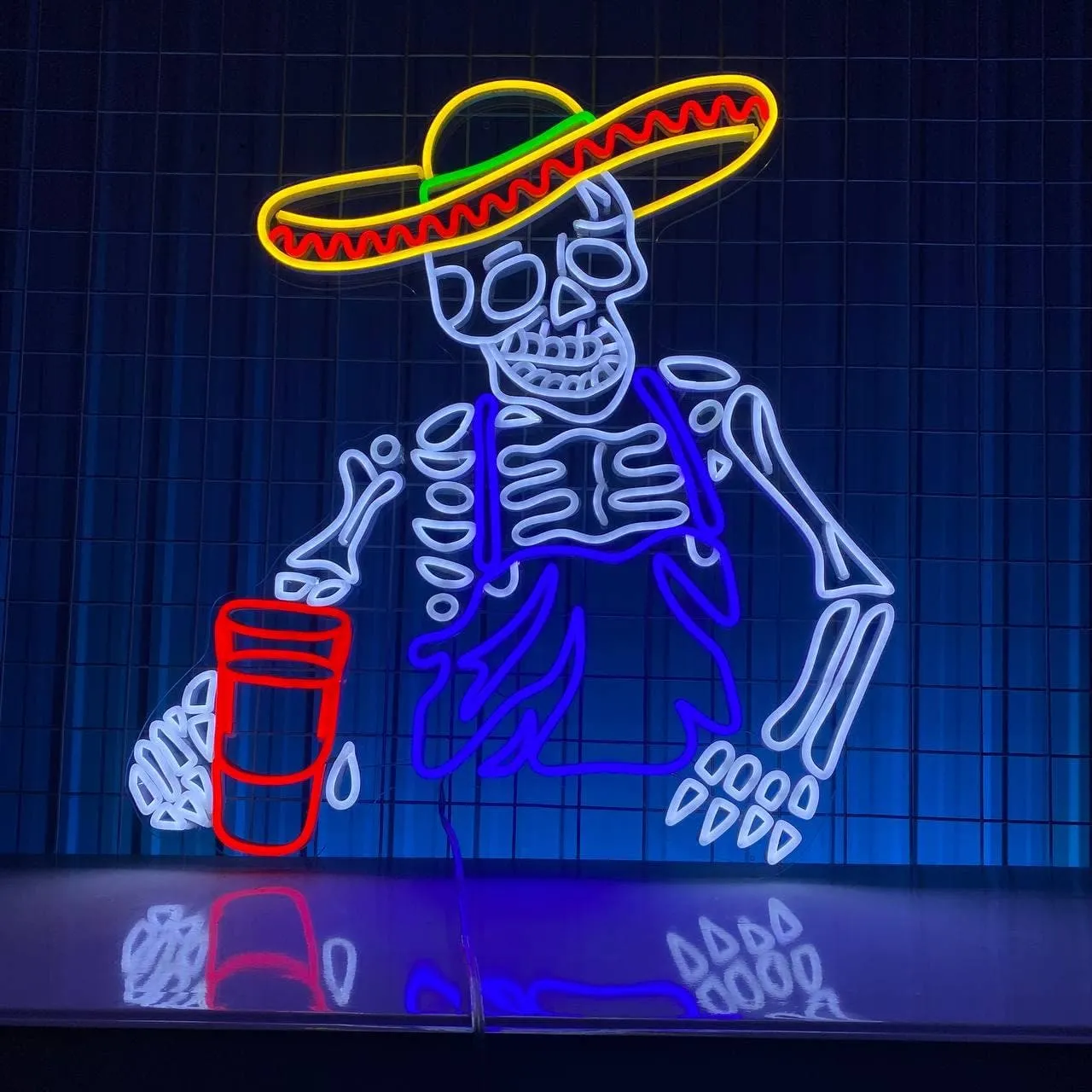 Vibrant Day of the Dead Neon Sign – Festive Skeleton with Sombrero for Themed Events and Celebrations