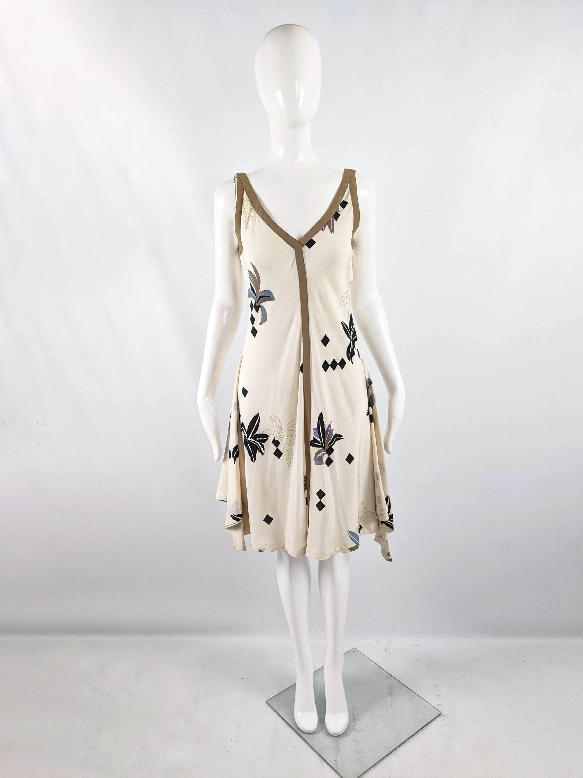 Vintage Cream Silk Geometric Floral Dress, 1980s