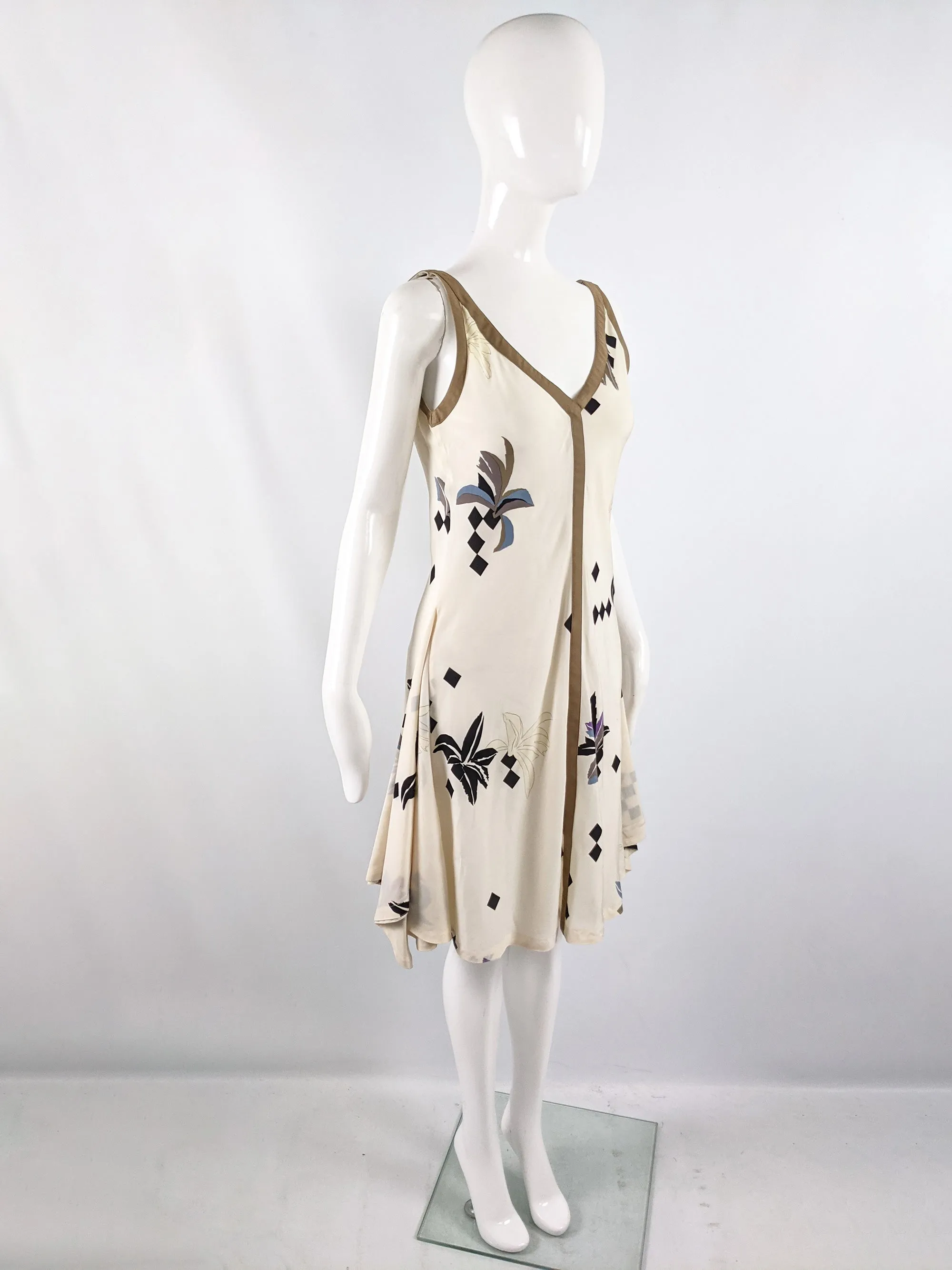 Vintage Cream Silk Geometric Floral Dress, 1980s