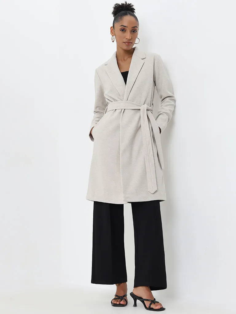 Wardrobe Off-White Solid Long Coat with Belt