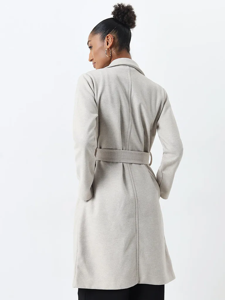 Wardrobe Off-White Solid Long Coat with Belt