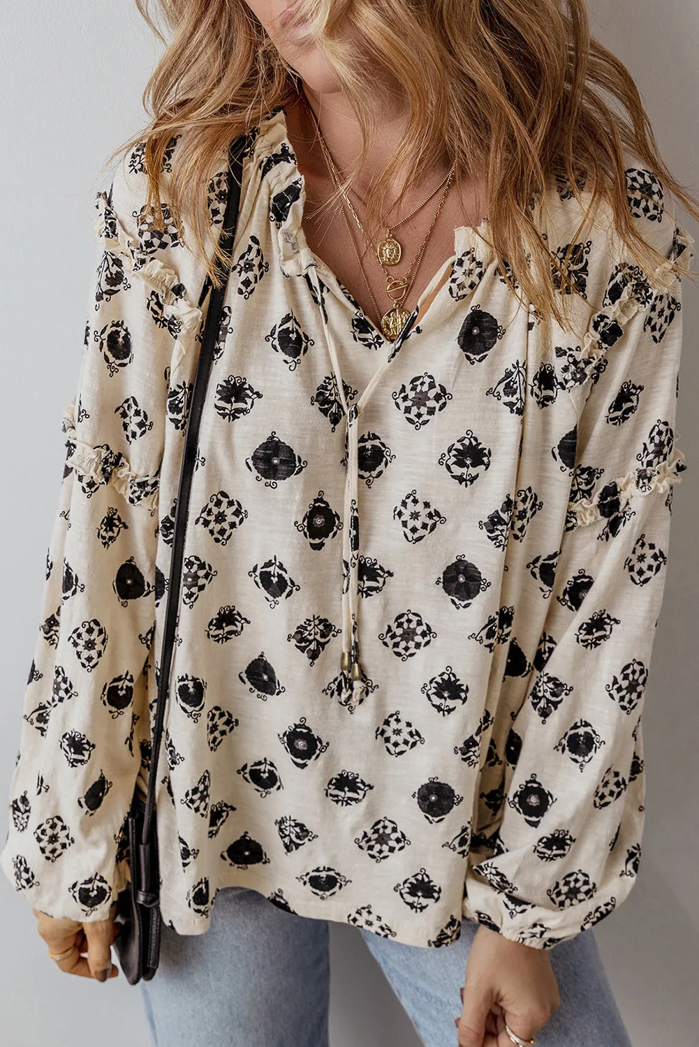 White Printed Split Neck Bubble Sleeve Loose Blouse