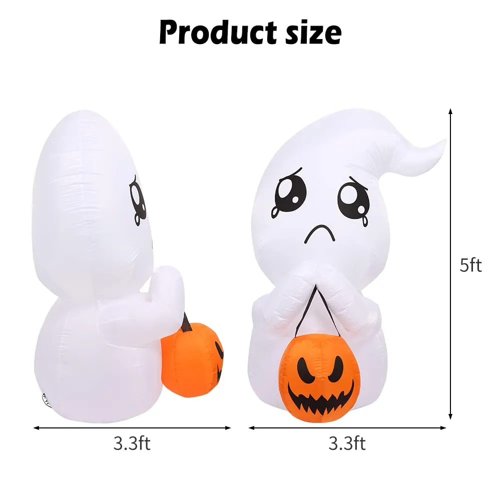 WHIZMAX 5FT Halloween Inflatable Cute Ghost with Pumpkin