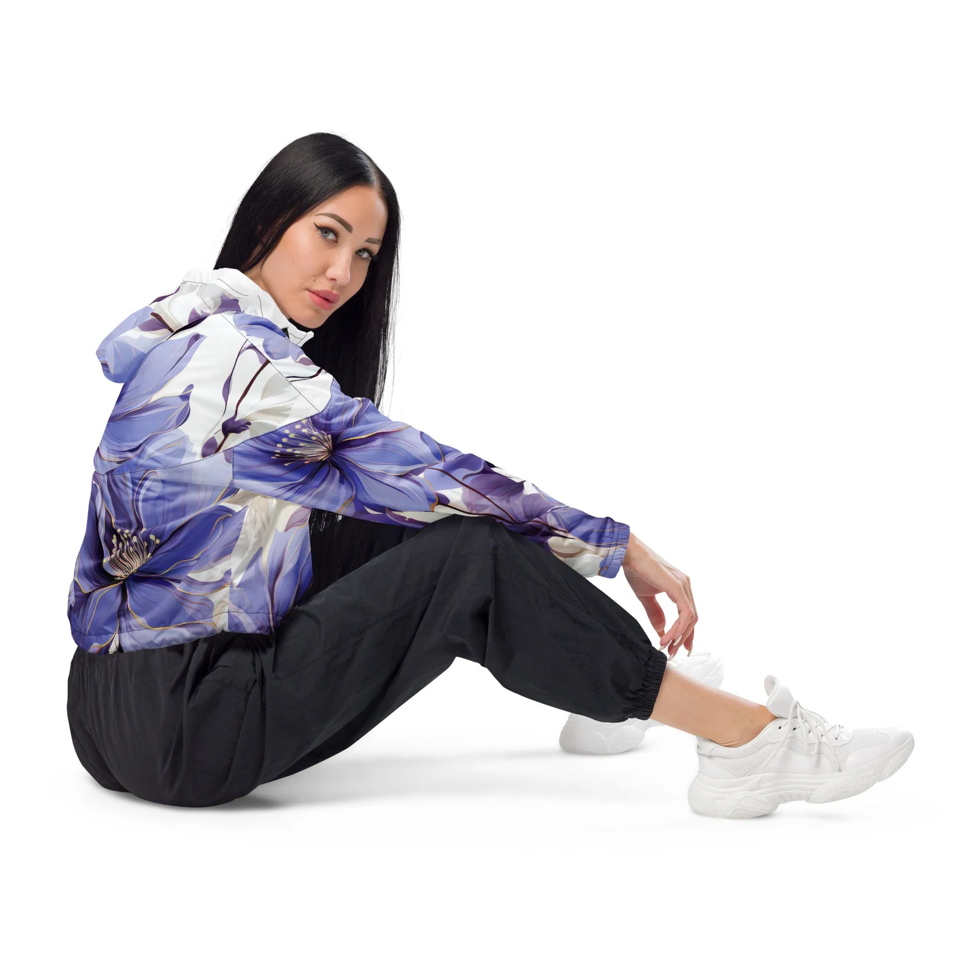 Womens Cropped Windbreaker Jacket, Purple Botanical Blooms