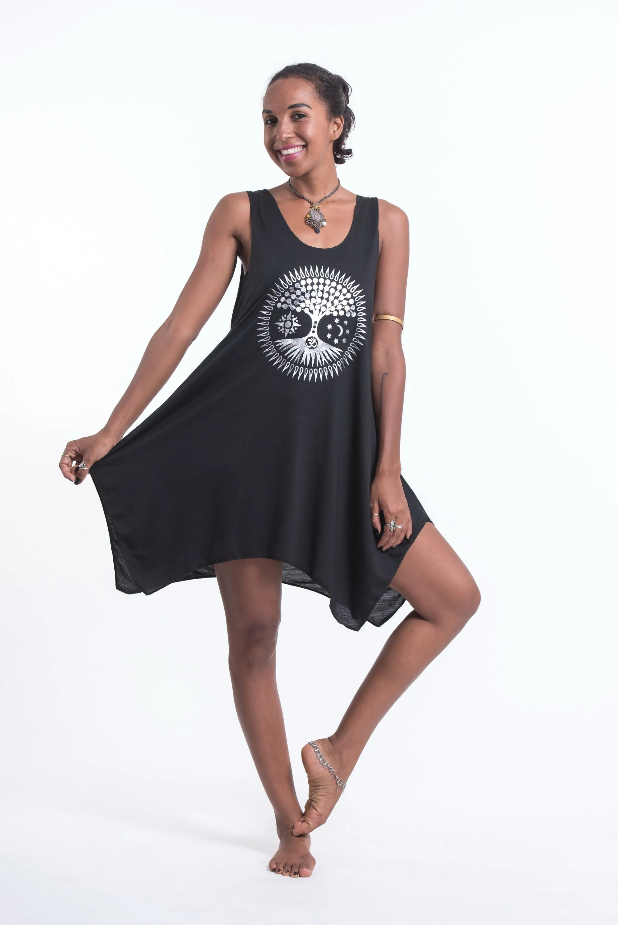 Womens Sun Moon Om Tank Dress in Silver on Black