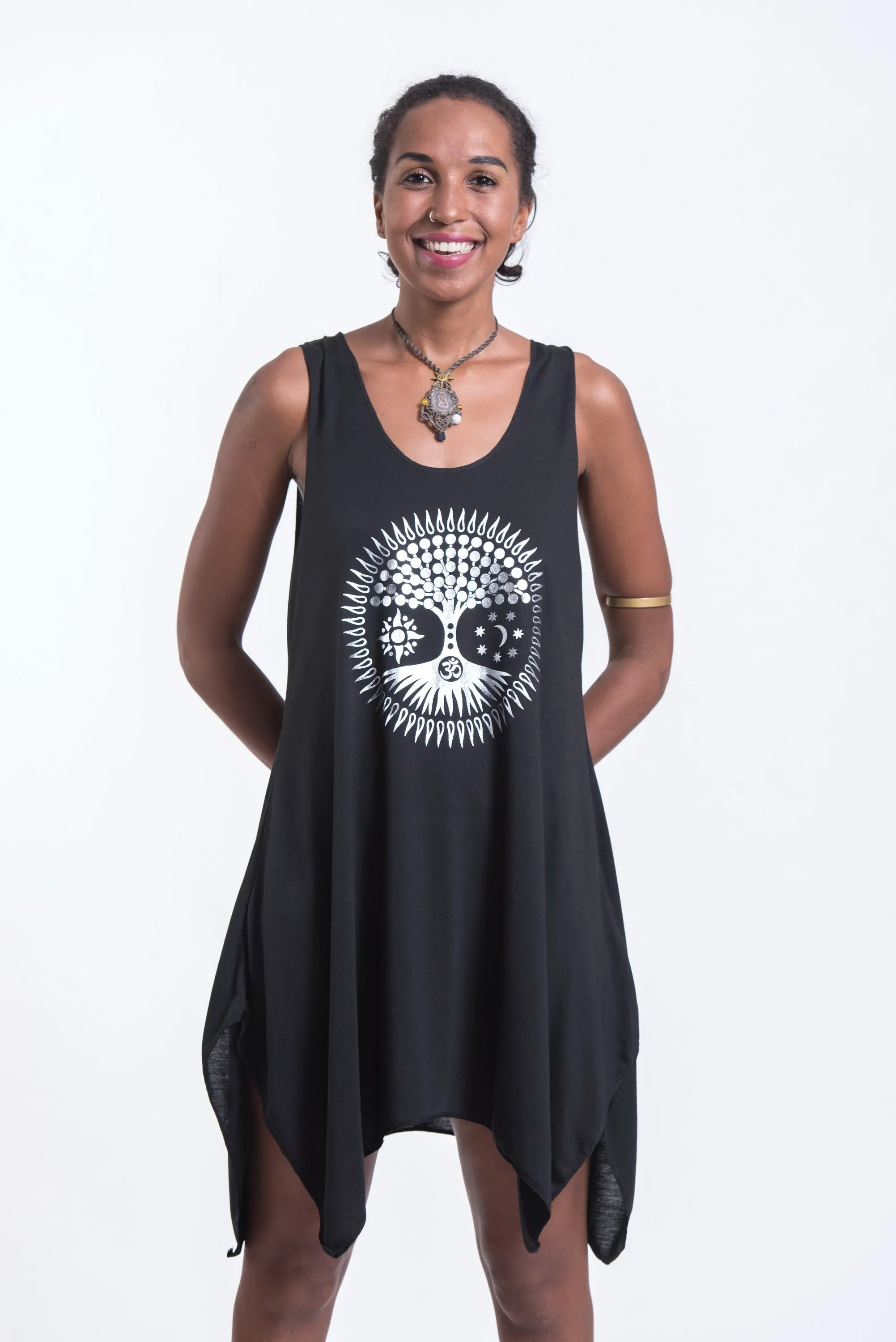 Womens Sun Moon Om Tank Dress in Silver on Black